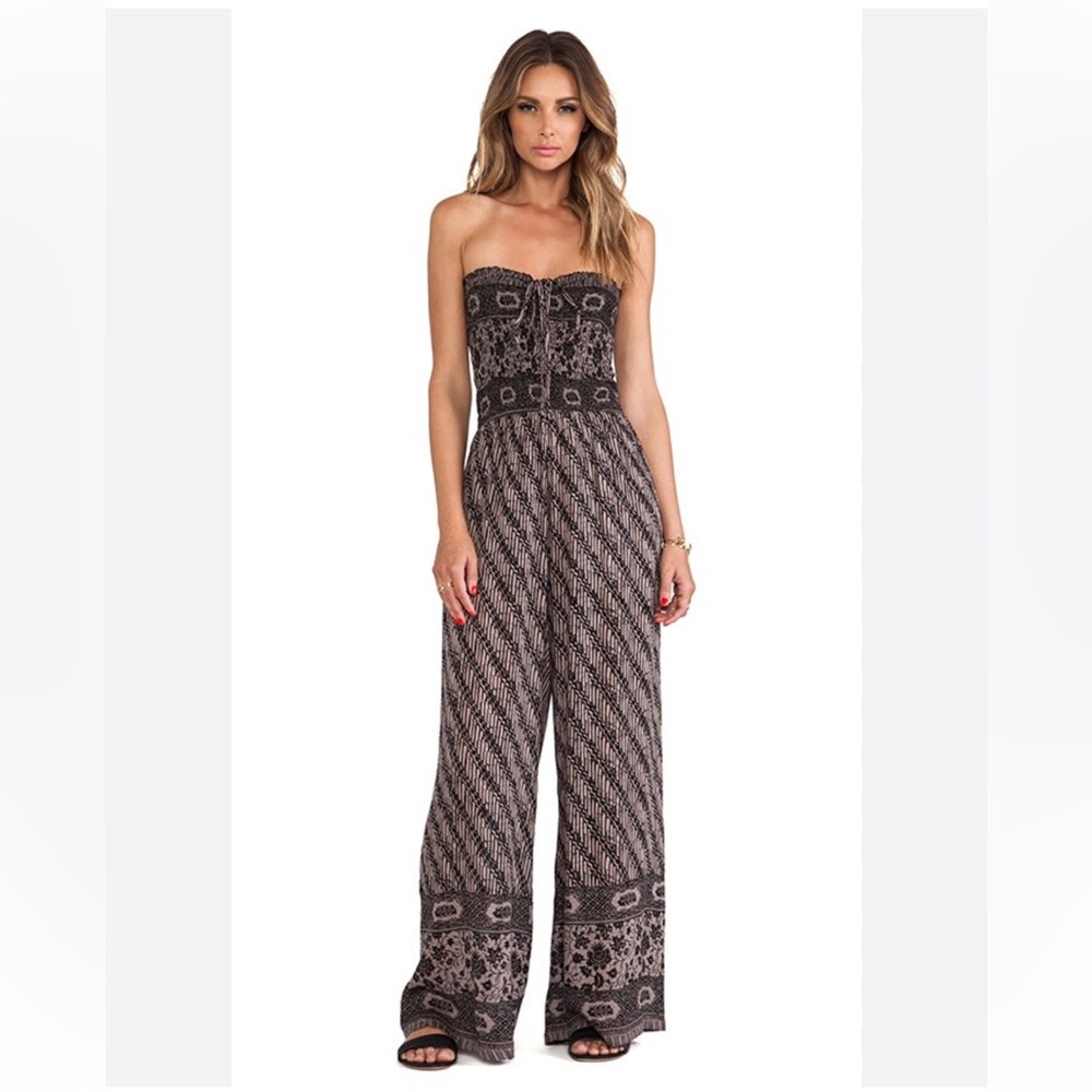 Free People Strapless Printed Wide-Leg Jumpsuit in Black & Taupe